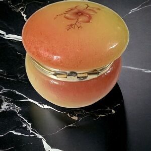 Vtg Italy Carved Alabaster Orange Ombre Dogwood Flower Hinged Powder Trinket Box